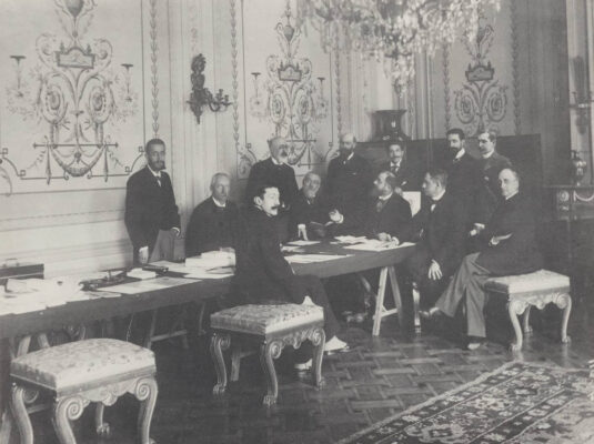 Photograph of a meeting of the French delegates at the Conference